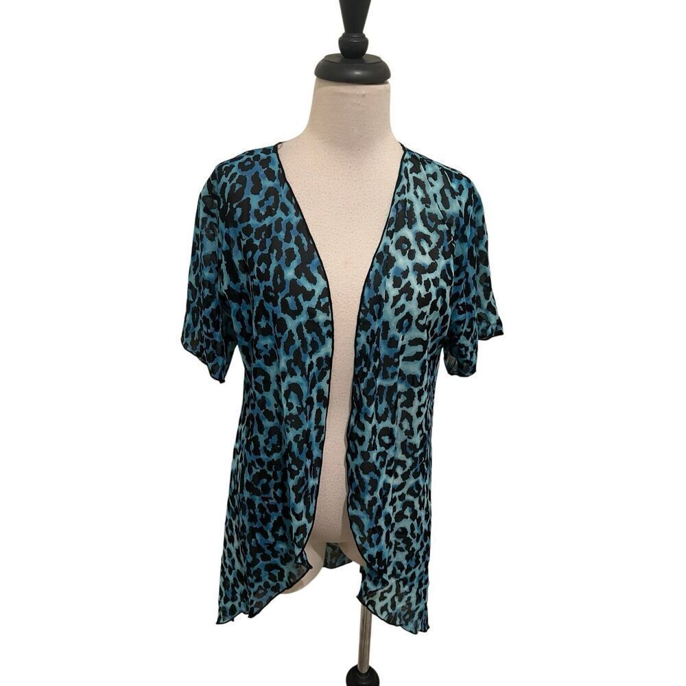 L&B Lucky and Blessed Women's Leopard Print Kimono Turquoise Black Small NWT